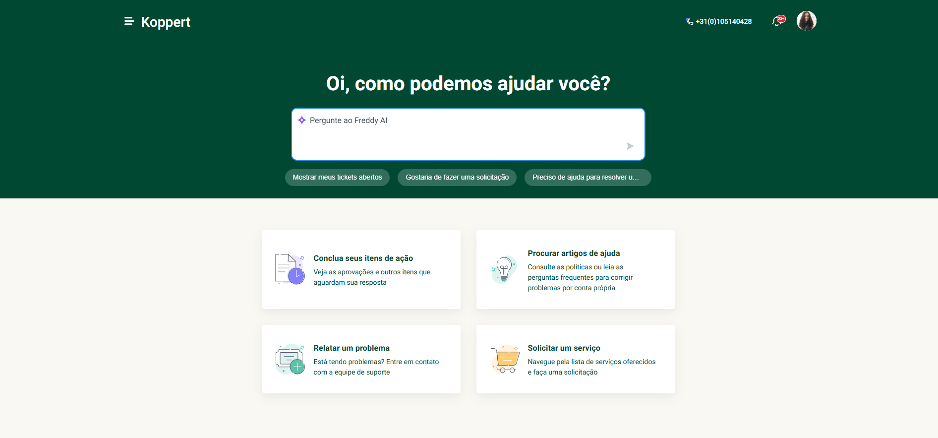 Tela inicial do Portal de Chamados da Koppert (Freshdesk)